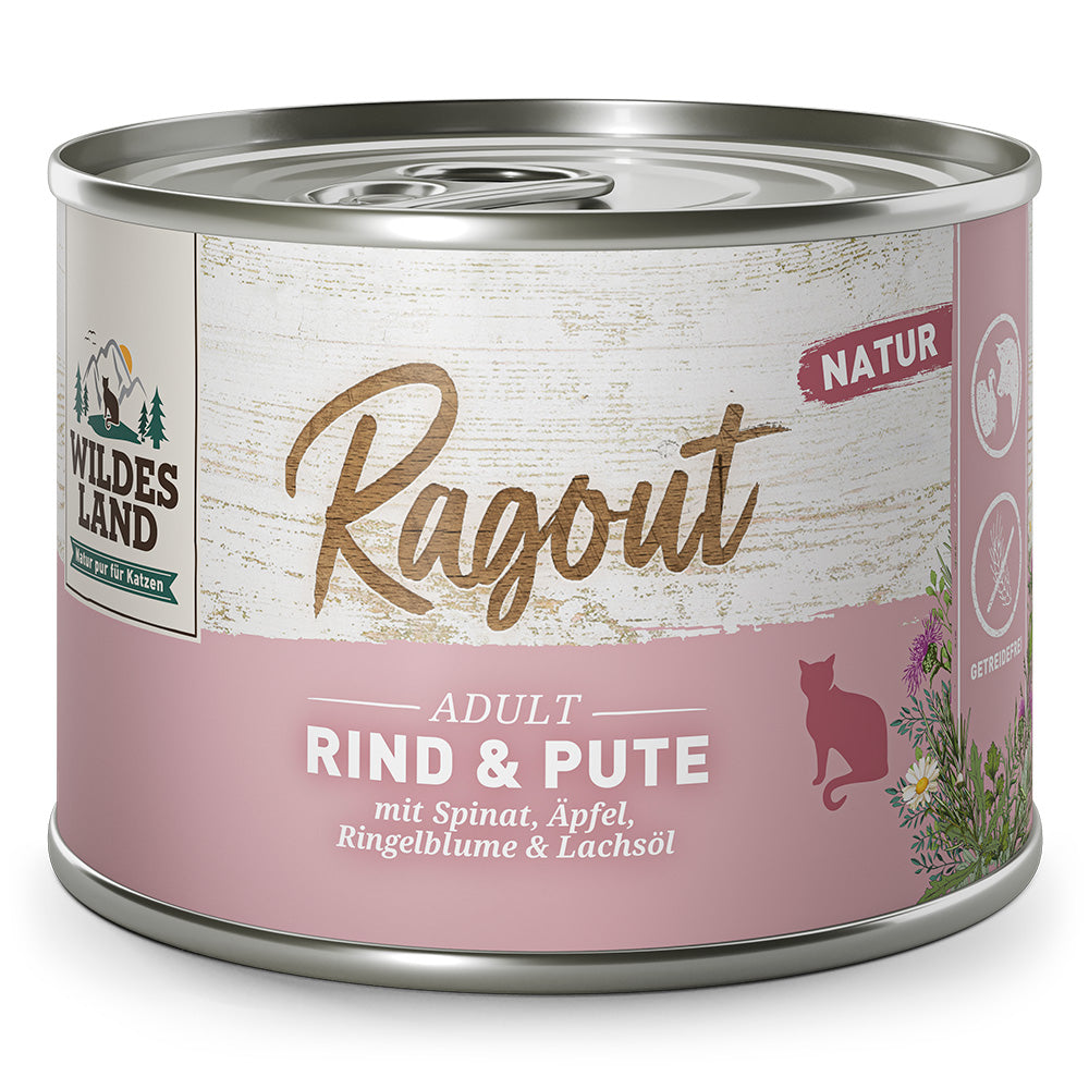 Wildes Land Ragout Rind & Pute mit Spinat, Apfel, Ringelblume & Lachsöl