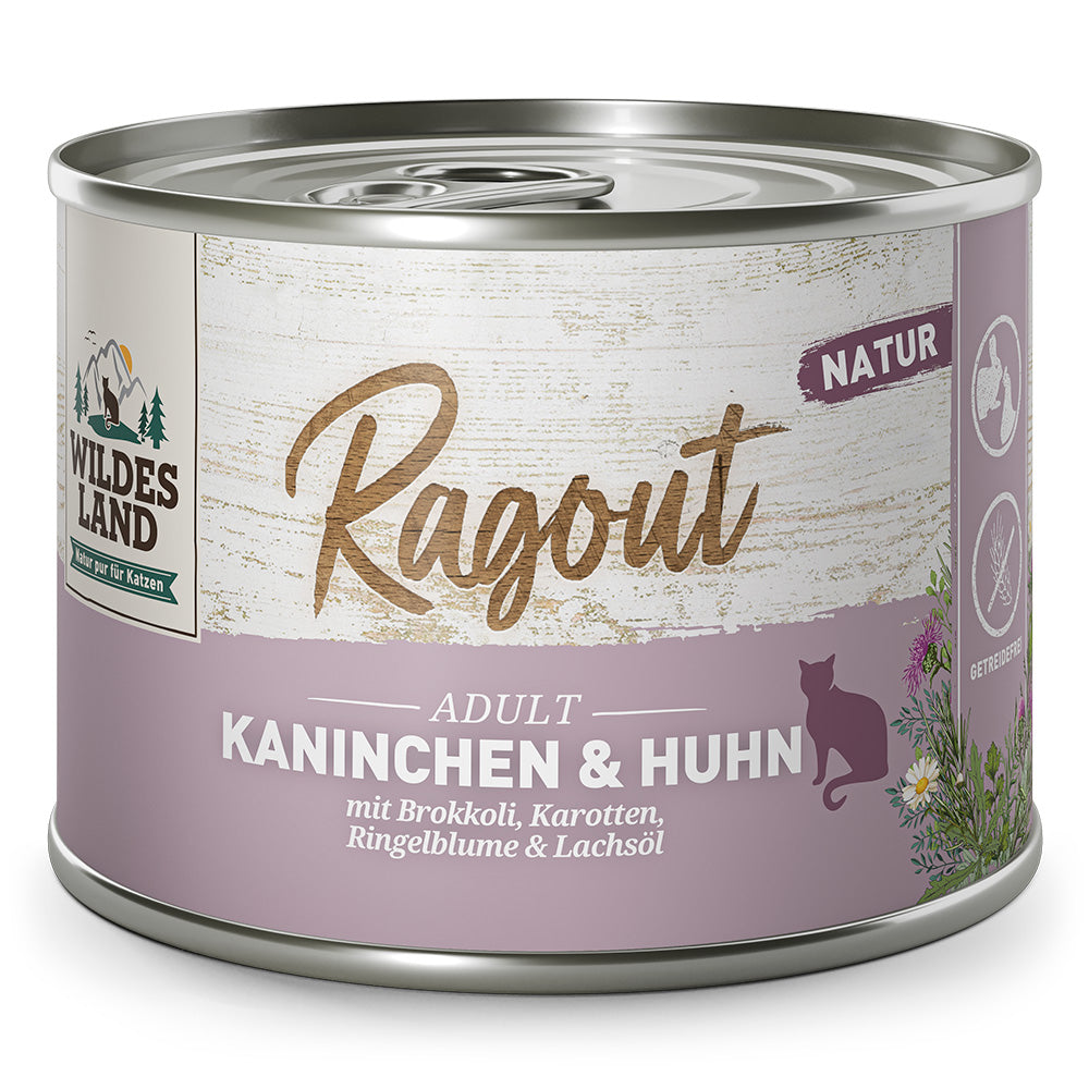 Wildes Land Ragout Kaninchen & Huhn mit Brokkoli, Karotten, Ringelblume und Lachsöl